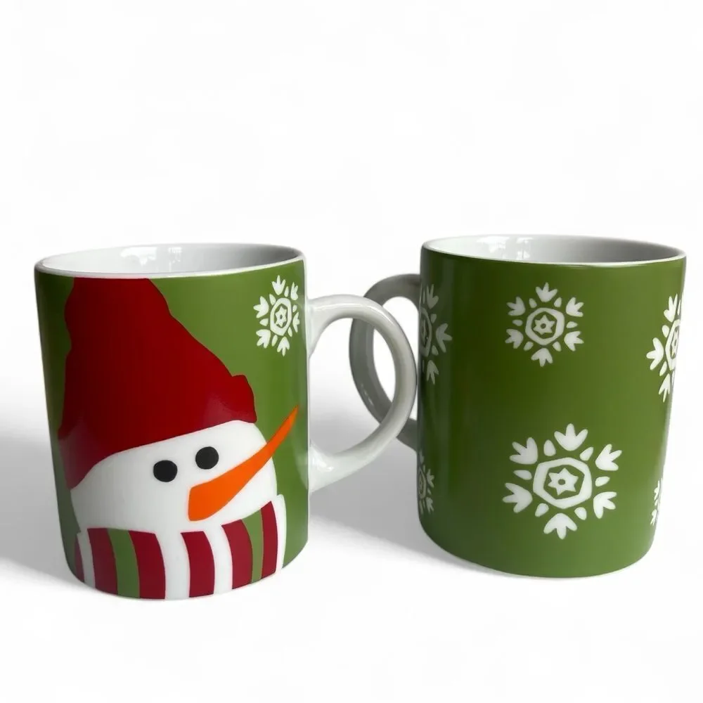 Crate&Barrel Green Snowman Snowflake Hot Cocoa Coffee Mug Set